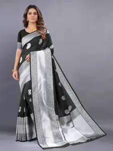 Mitera Black & Silver toned Ethnic Motifs Woven Design Zari Kanjeevaram Saree
