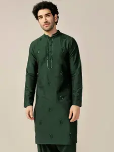 KISAH Mandarin Collar Mirror Work Straight Kurta