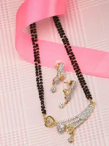Adwitiya Collection Gold-Plated American Diamond Studded & Beaded Mangalsutra & Earrings