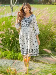 Sangria White Floral Embroidered V-Neck A-Line Ethnic Dress