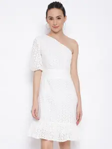 MARC LOUIS Self Design Cotton Ruffled One Shoulder A-Line Casual Dress