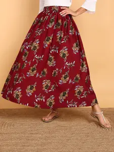 VAHSON Floral Printed Flared Crepe Maxi Skirt