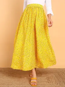 VAHSON Floral Printed Flared Crepe Maxi Skirt