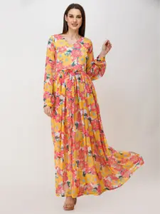 SCORPIUS Floral Print Puff Sleeve Chiffon Maxi Dress