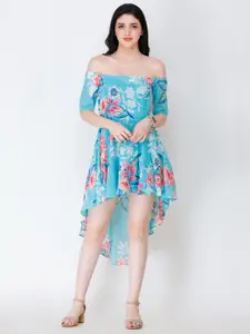 SCORPIUS Floral Print Off-Shoulder Georgette Fit & Flare Dress