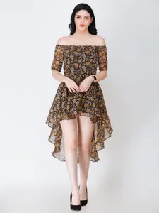 SCORPIUS Floral Print Off-Shoulder Chiffon Fit & Flare Midi Dress