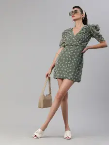 SCORPIUS Floral Print Georgette Mini Wrap Dress