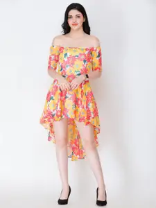 SCORPIUS Floral Print Off-Shoulder Chiffon Fit & Flare Midi Dress