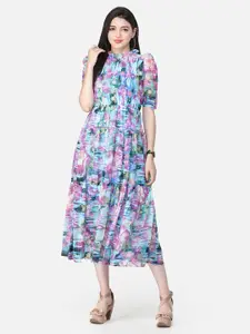 SCORPIUS Mandarin Collar Puff Sleeves Floral Print Georgette Fit & Flare Midi Dress