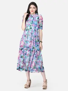 SCORPIUS Mandarin Collar Puff Sleeves Floral Print Georgette Fit & Flare Midi Dress