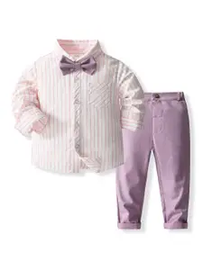 StyleCast x Revolte Boys Purple & White Striped Pure Cotton Shirt with Trousers