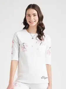 EDRIO Abstract Printed Embroidered Drop-Shoulder Sleeves Cotton T-shirt
