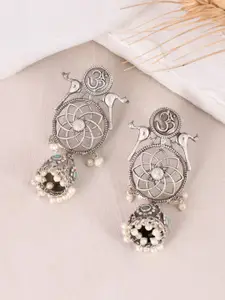 DASTOOR Silver-Plated Stone-Studded Silver & Beaded Dome Shaped Oxidised Jhumkas