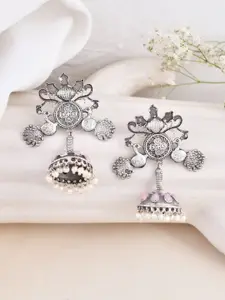 DASTOOR Silver-Plated Beaded & Stone Studded Oxidised Classic Jhumkas