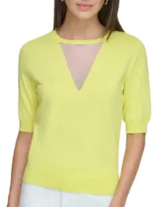 DKNY Round Neck Short Puff Sleeves Top