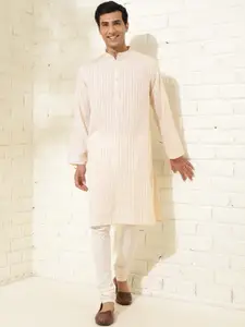 Fabindia Striped Band Collar Pure Cotton Dobby Straight Kurta