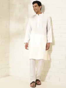 Fabindia Striped Mandarin Collar Thread Work Pure Cotton Straight Kurta