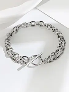 Peora Men Silver-Plated Stainless Steel American Diamond Studded Link Bracelet