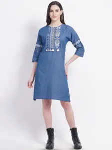 SUMAVI-FASHION Three-Quarter Sleeves Round Neck Organic Cotton Denim A-Line Dress