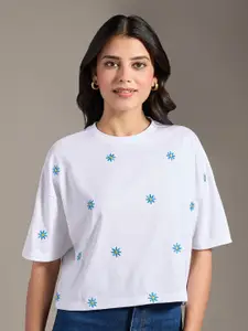 20Dresses White Floral Printed Drop-Shoulder Sleeves Pure Cotton T-shirt