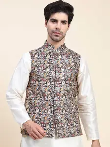 Aanys Culture Printed Mandarin Collar Sleeveless Satin Nehru Jacket