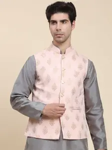 Aanys Culture Woven Design Mandarin Collar Sleeveless Satin Nehru Jacket