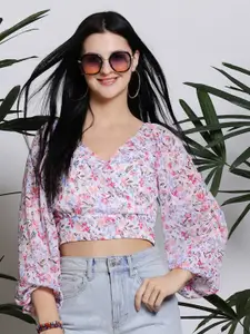 Sera White Floral Printed Flared Sleeves Chiffon Wrap Crop Top