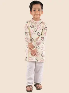 JUNITOS Boys Geometric Printed Mandarin Collar Pure Cotton Straight Kurta with Pyjamas