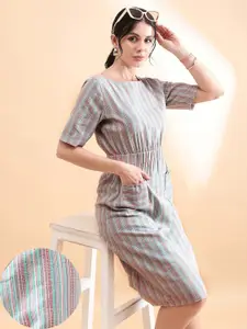 PowerSutra Striped Linen Fit & Flare Midi Dress