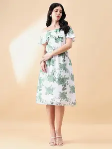 PowerSutra Floral Print Off-Shoulder Georgette Fit & Flare Midi Dress
