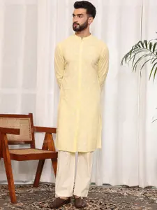 House of Pataudi Mandarin Collar Embroidered Pure Cotton Straight Kurta With Trousers Set