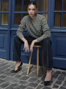 French Connection Self Design Textured Pure Cotton Pullover Sweater