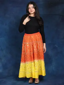 Exotic India Paprika And Lemon Bandhani Tie-Dye Pure Cotton Skirt with Large Sequins