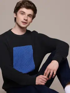 French Connection Pure Cotton Colourblocked Cable Knitted Pullover Sweater