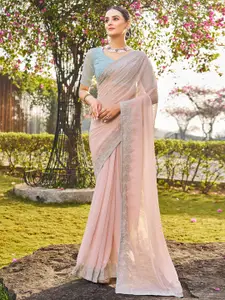 Satrani Peach Embellished Beads Stones Pure Georgette Saree
