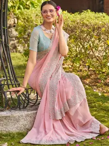 Satrani Pink Embellished Beads & Stones Pure Georgette Chanderi Saree