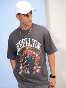 HIGHLANDER Drop Shoulder Sleeves Graphic Printed Round Neck Cotton Oversized T-shirt