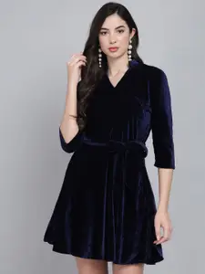 VAARARO Mandarin Collar Velvet Fit & Flare Dress