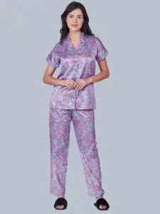 THE DAILY OUTFITS Floral Printed Lapel Collar Satin Night suit