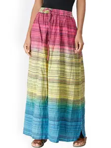 Exotic India Pure Cotton Long Summer Skirt with Stripes Woven in Multi-Color Thread