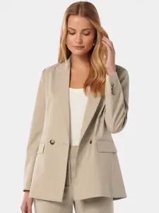 Forever New Beige Tailored-Fit Striped Peaked Lapel Collar Double Breasted Formal Blazer