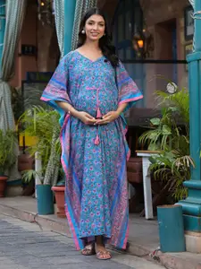 Aujjessa Floral Print Cotton V-Neck Kimono Sleeves Maternity Maxi Casual Dress