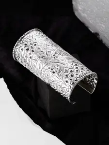 ATIBELLE Silver-Plated Floral Textured Detail Cuff Bangle