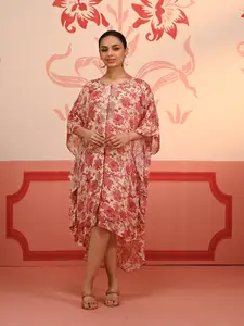 Lakshita Floral Printed Extended Sleeves Embellished Detail High-Low Kaftan Dress