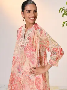 Lakshita Floral Printed Mandarin Collar Cuffed Sleeves Thread Work Kurti