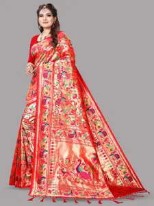 THE WOMEN DECOR Ethnic Motifs Woven Design Zari Pure Silk Paithani Saree