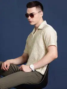 Hancock Men Crocheted Cuban Collar Relaxed Semi Sheer Casual Shirt