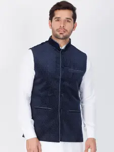 VASTRAMAY Polka-Dot Print Slim-Fit Velvet Nehru Jacket