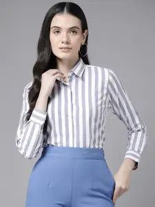 English Navy Standard Striped Wrinkle Free Formal Shirt