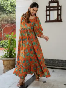 Janasya Floral Printed Puff Sleeve Cotton Maxi Dress